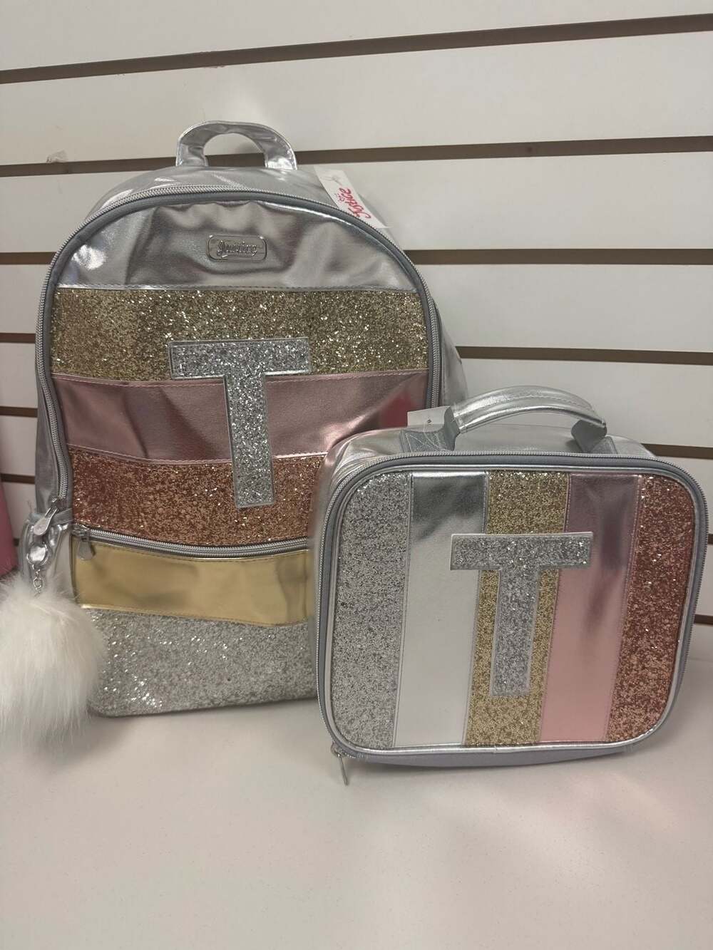 Justice Girls Metallic & Glitter Backpack & Lunch Box  Initial T NWT